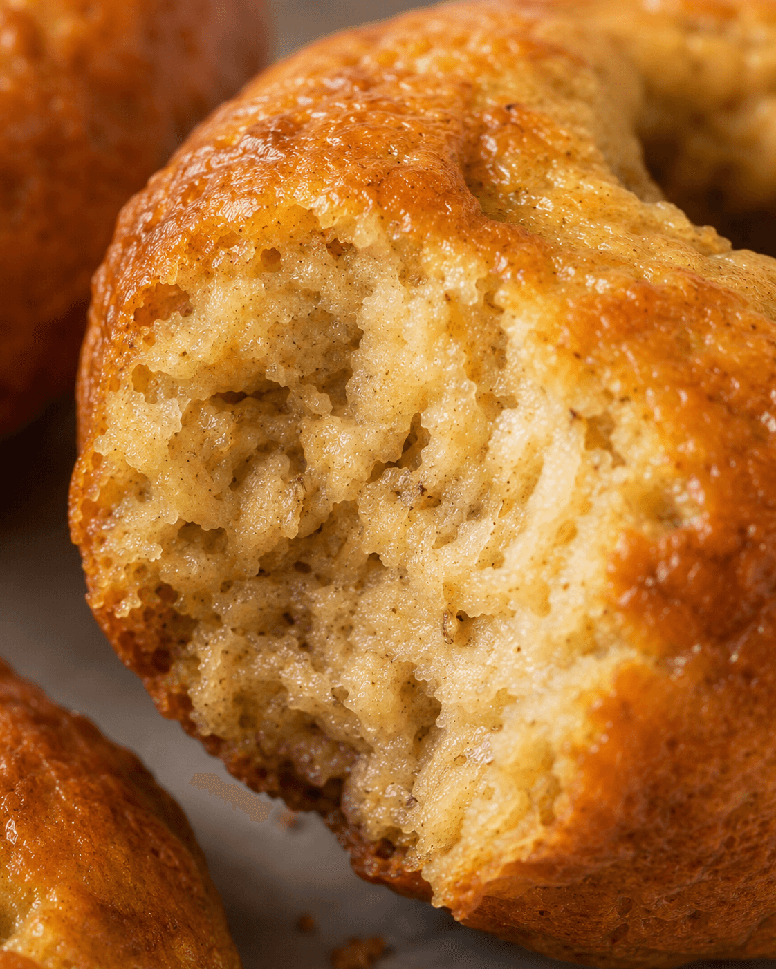 Close-up of Doughnana showing tender banana-bread crumb